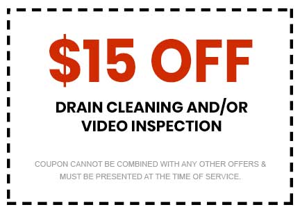  off coupon for drain cleaning and/or video inspection from About Plumbing Inc., promotional offer with terms for service presentation.