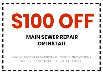 0 off coupon for main sewer repair or installation from About Plumbing Inc., promotional offer with terms for service presentation.