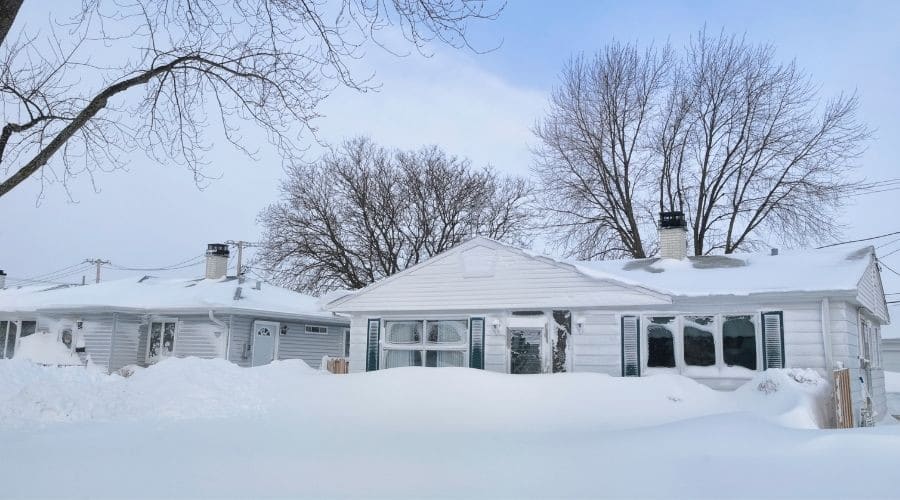 Houses covered in snow with snowdrifts, illustrating winter conditions and the importance of plumbing maintenance to prevent frozen pipes.
