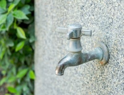 Outdoor faucet mounted on a stone wall, surrounded by green foliage, emphasizing the importance of checking outdoor faucets for winter plumbing maintenance.