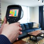 Person using a thermal leak locator device to detect plumbing leaks in a living room setting, with a focus on the device's screen displaying thermal images.