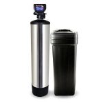 Water softener system with a tall silver tank and black brine tank, illustrating efficient plumbing solutions for homeowners in Jefferson County.