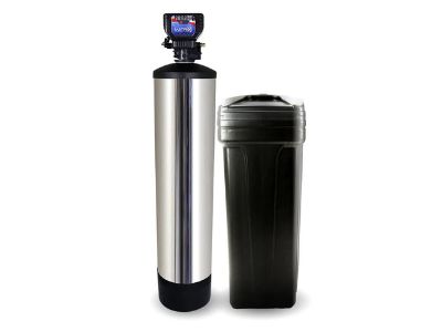 Water softener system with ion exchange unit, featuring a tall stainless steel tank and a black brine tank, illustrating solutions for hard water issues in homes.