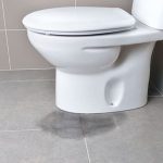 Toilet with visible water leak on the floor, illustrating plumbing issues in a bathroom setting.