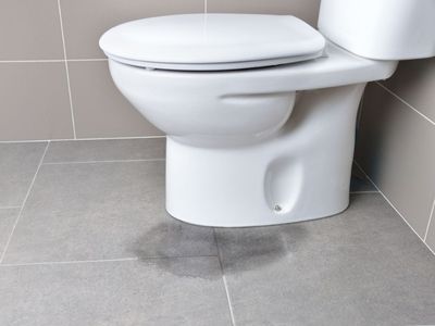 Toilet with visible water leakage on the floor, indicating potential plumbing issues, relevant to homeowners assessing toilet repairs or upgrades for holiday gatherings.