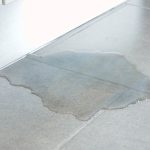 Water pooling on tile floor, indicating potential slab leak in home, relevant to plumbing services and leak detection by About Plumbing Inc.