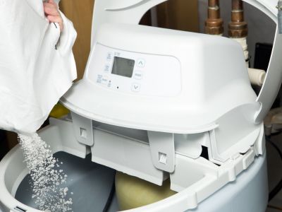Water softener system in operation, showing person adding salt to the reservoir, highlighting the process of exchanging hard water minerals for sodium or potassium salts.
