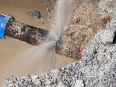 Burst water pipe leaking, causing water to spray into muddy ground, highlighting potential water leak issues affecting home water pressure.